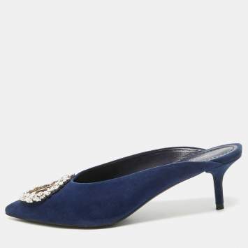 Pre Owned Louis Vuitton Navy Blue Suede Crystal Embellished Madeleine Mules Size 37.5