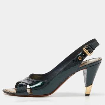 Pre Owned Louis Vuitton Dark Green Monogram Vernis Patent Slingback Pumps Size 38.5