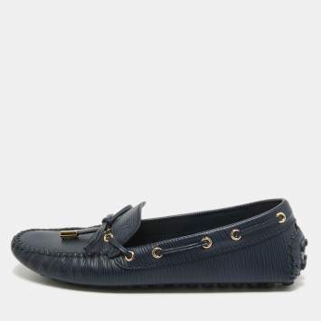 Pre Owned Louis Vuitton Navy Blue Leather Arizona Bow Slip On Loafers Size 36.5