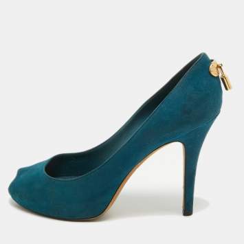 Pre Owned Louis Vuitton Teal Suede Oh Really! Peep Toe Pumps Size 38.5