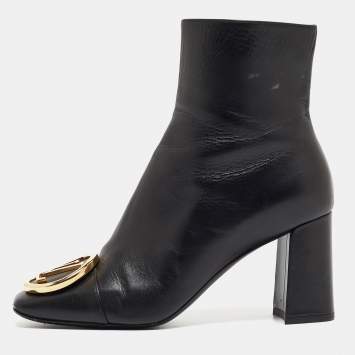 Pre Owned Louis Vuitton Black Leather Madeleine Block Heel Ankle Boots Size 37