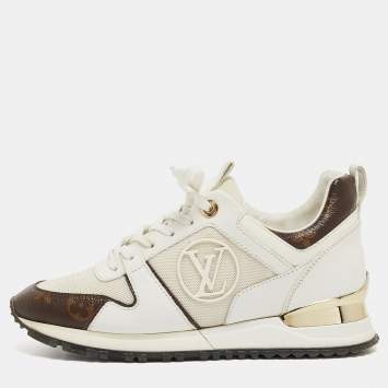 Pre Owned Louis Vuitton White/Monogram Canvas and Leather Run Away  Sneakers Size 36