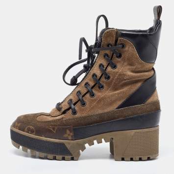 Pre Owned Louis Vuitton Beige Monogram Canvas and Suede Laureate Desert Boots Size 36
