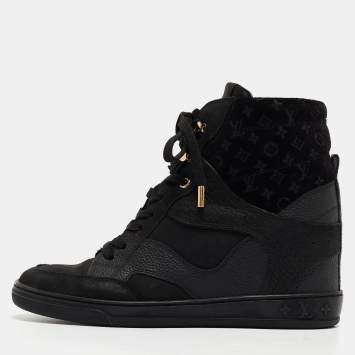 Pre Owned Louis Vuitton Black Leather and Monogram Suede Cliff Wedge Sneakers Size 37