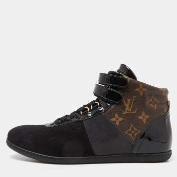 Pre Owned Louis Vuitton Black/Brown Suede, Patent Leather and Monogram Canvas Move Up Sneakers Size 38