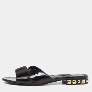 Pre Owned Louis Vuitton Black Patent Leather Bow Flat Slides Size 37