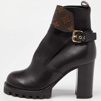 Pre Owned Louis Vuitton Black/Brown Monogram Canvas and Leather Ankle Length Boots Size 39