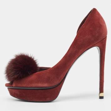 Pre Owned Louis Vuitton Burgundy Suede  and Fur Peep Toe Pumps Size 37
