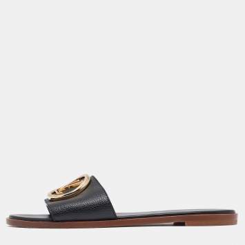 Pre Owned Louis Vuitton Black Leather Lock It Flat Slides Size 39