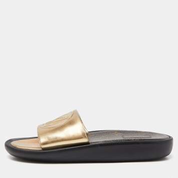 Pre Owned Louis Vuitton Gold Leather Sunbath Flat Slides Size 36