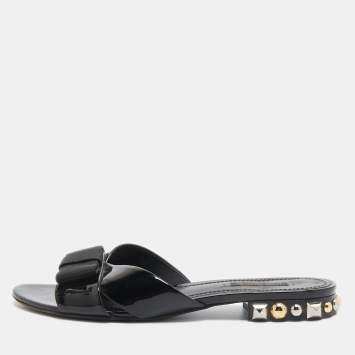 Pre Owned Louis Vuitton Black Patent Leather Bow Studded Flat Slides Size 39