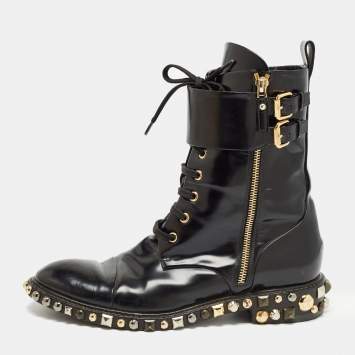 Pre Owned Louis Vuitton Black Patent Leather Embellished Ankle Boots Size 38.5