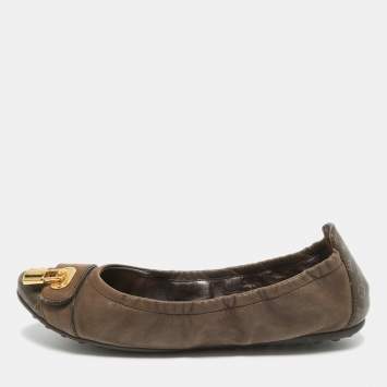 Pre Owned Louis Vuitton Brown Glitter Nubuck and Monogram Canvas Lucky Ballet Flats Size 36.5