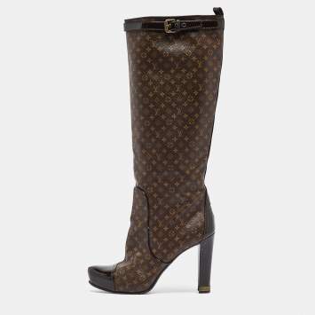 Pre Owned Louis Vuitton Brown Monogram Canvas and Patent Idole Knee Length Boots Size 40