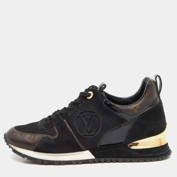 Pre Owned Louis Vuitton Black/Brown Monogram Canvas, Suede and Mesh Run Away Low Top Sneakers Size 36.5
