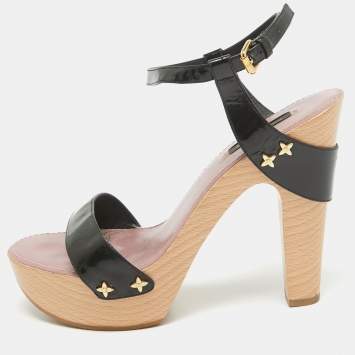 Pre Owned Louis Vuitton Black Patent Leather  Ankle Strap Sandals Size 38