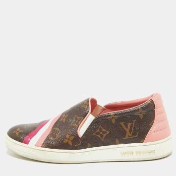 Pre Owned Louis Vuitton Brown/Pink Leather and Canvas Frontrow Sneakers Size 36.5