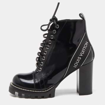 Pre Owned Louis Vuitton Black Leather Star Trail Block Heel Ankle Boots Size 39.5