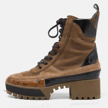 Pre Owned Louis Vuitton Brown/Black Suede and Monogram Canvas Laureate Combat Boots Size 40