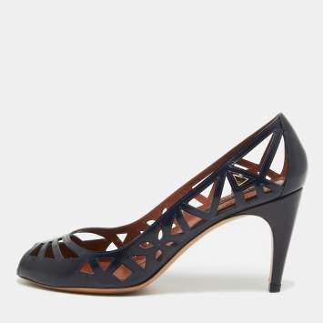 Pre Owned Louis Vuitton Navy Blue Leather Peep Toe Cutout Pumps Size 38.5
