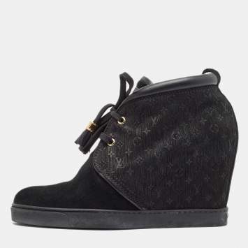 Pre Owned Louis Vuitton Black Monogram Suede and Leather Wedge Sneakers Size 39.5