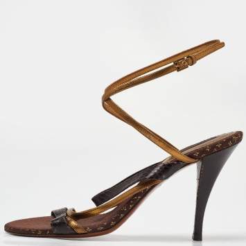 Pre Owned Louis Vuitton Brown/Gold Python Leather Strappy Sandals Size 39