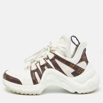 Pre Owned Louis Vuitton White/Brown Monogram Canvas and Mesh Archlight Low Top Sneakers Size 37