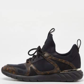Pre Owned Louis Vuitton Black/Brown Fabric and Monogram Canvas Low Top Sneakers Size 38