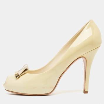 Pre Owned Louis Vuitton Cream Patent Leather Damier Azur Damia Pumps Size 38