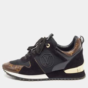 Pre Owned Louis Vuitton Brown/Black Suede and Monogram Canvas Run Away Low Top Sneakers Size 37.5