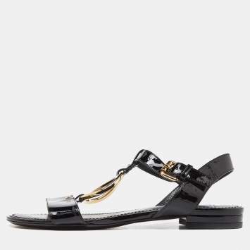 Pre Owned Louis Vuitton Black Patent Leather Carioca Logo Detail Flat Sandals Size 37