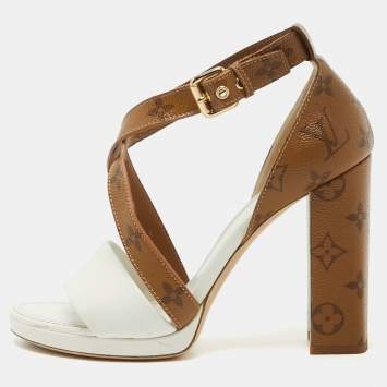 Pre Owned Louis Vuitton White/Brown Monogram Canvas and Leather Matchmake Sandals Size 40