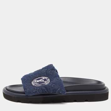 Pre Owned Louis Vuitton Navy Blue Monogram Denim Pool Pillow Velcro Flat Slides Size 40