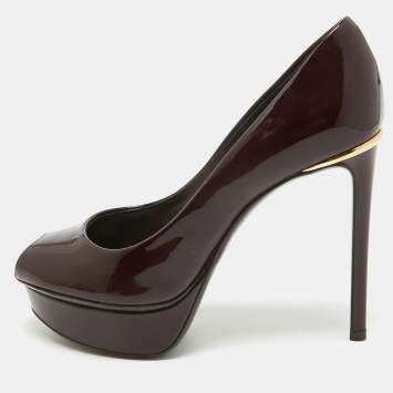Pre Owned Louis Vuitton Burgundy Patent Leather Eyeline Peep Toe Pumps Size 34