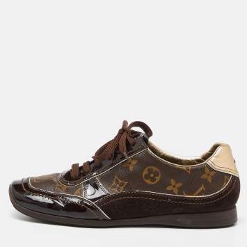 Pre Owned Louis Vuitton Brown Patent Leather and Monogram Canvas Low Top Sneakers Size 37.5