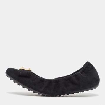 Pre Owned Louis Vuitton Black Suede Bow Scrunch Ballet Flats Size 39.5