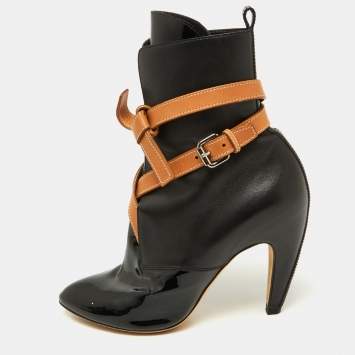 Pre Owned Louis Vuitton Black/Tan Leather and Patent Ankle Booties Size 37