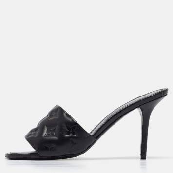 Pre Owned Louis Vuitton Black Monogram Embossed Leather Revival Slide Sandals Size 39