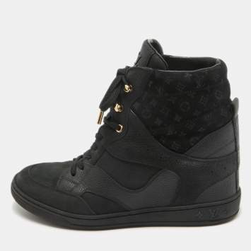 Pre Owned Louis Vuitton Black Nubuck Leather and Monogram Suede Millenium Wedge High Top Sneakers Size 40