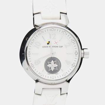 Pre Owned Louis Vuitton Tambour Q12M0 Quartz White Stainless Steel Women's Wristwatch 28 mm