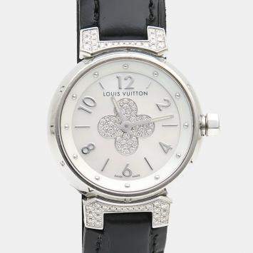 مملوكة مسبقًا Louis Vuitton Tambour Forever Diamond Q121P Quartz Mother of Pearl Stainless Steel Womens Wristwatch 28 mm