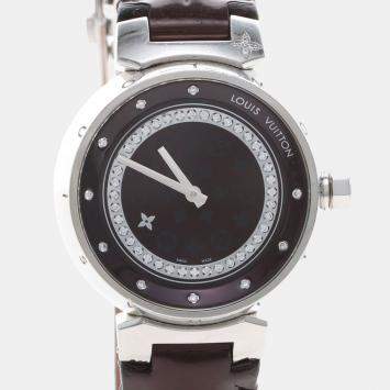 مملوكة مسبقًا Louis Vuitton Tambour Q1319 Quartz Brown Diamonds Stainless Steel Women's Wristwatch 28mm