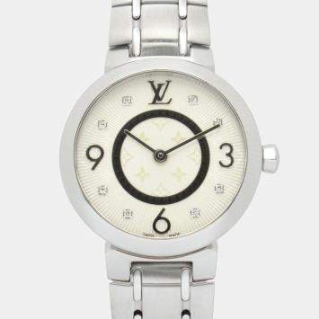 Pre Owned Louis Vuitton Tambour Q12MG Quartz Silver Stainless Steel Women's Wristwatch 28 mm