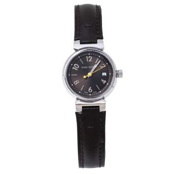 Louis Vuitton Brown Stainless Steel and Leather Tambour Q1211 Women's Wristwatch 28 mm