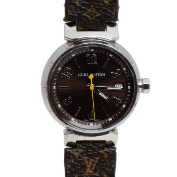 Pre Owned Louis Vuitton Brown Stainless Steel Monogram Leather Q1311 Women's Wristwatch 34 mm