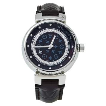 Louis Vuitton Black Stainless Steel Diamond Tambour Q1319 Women's Wristwatch 34 mm