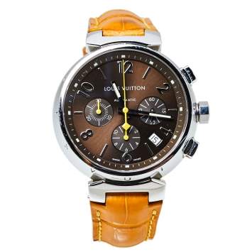 Louis Vuitton Brown Stainless Steel Alligator Skin Leather Tambour Q1121 Women's Wristwatch 41 mm