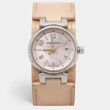 Pre Owned Louis Vuitton Pink Mother Of Pearl Stainless Steel Patent Leather Tambour Q1216 Women's Wristwatch 28 mm