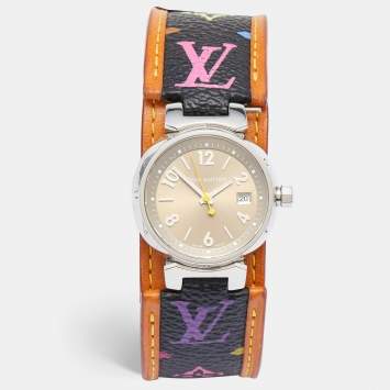 Pre Owned Louis Vuitton Bronze Stainless Steel Leather Tambour Q1212 Women's Wristwatch 28 mm