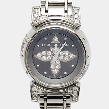 Pre Owned Louis Vuitton Slate Stainless Steel Diamond Tambour Bijou Q151K Women's Wristwatch 18 mm